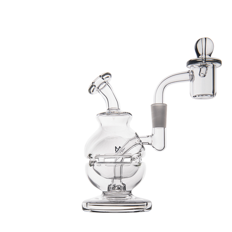 MJ Arsenal Royale Mini Dab Rig, clear borosilicate glass, 5" tall with 90-degree banger hanger, side view