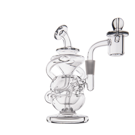 MJ Arsenal Infinity Mini Dab Rig, Compact Dual Recycler, 10mm 90° Joint, with Quartz Banger, Front View