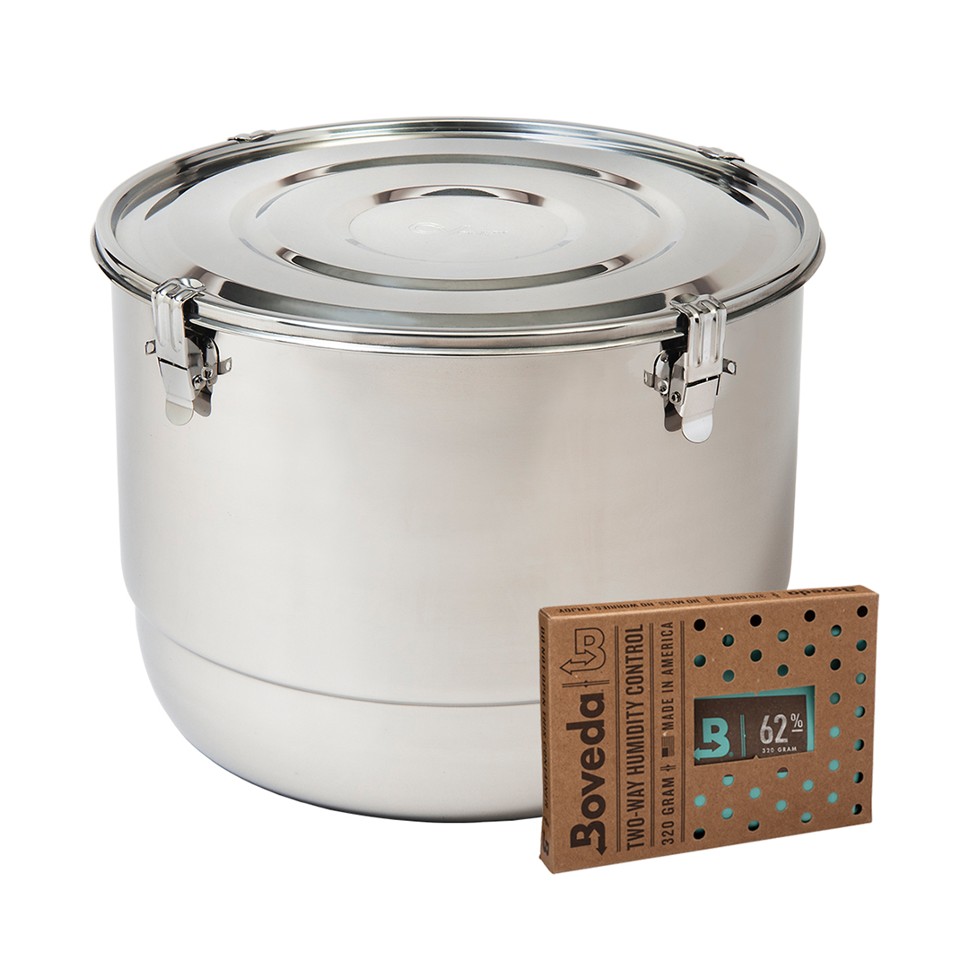 FreshStor CVault 2L Stainless Steel Storage Container with Boveda Humidity Pack, Front View