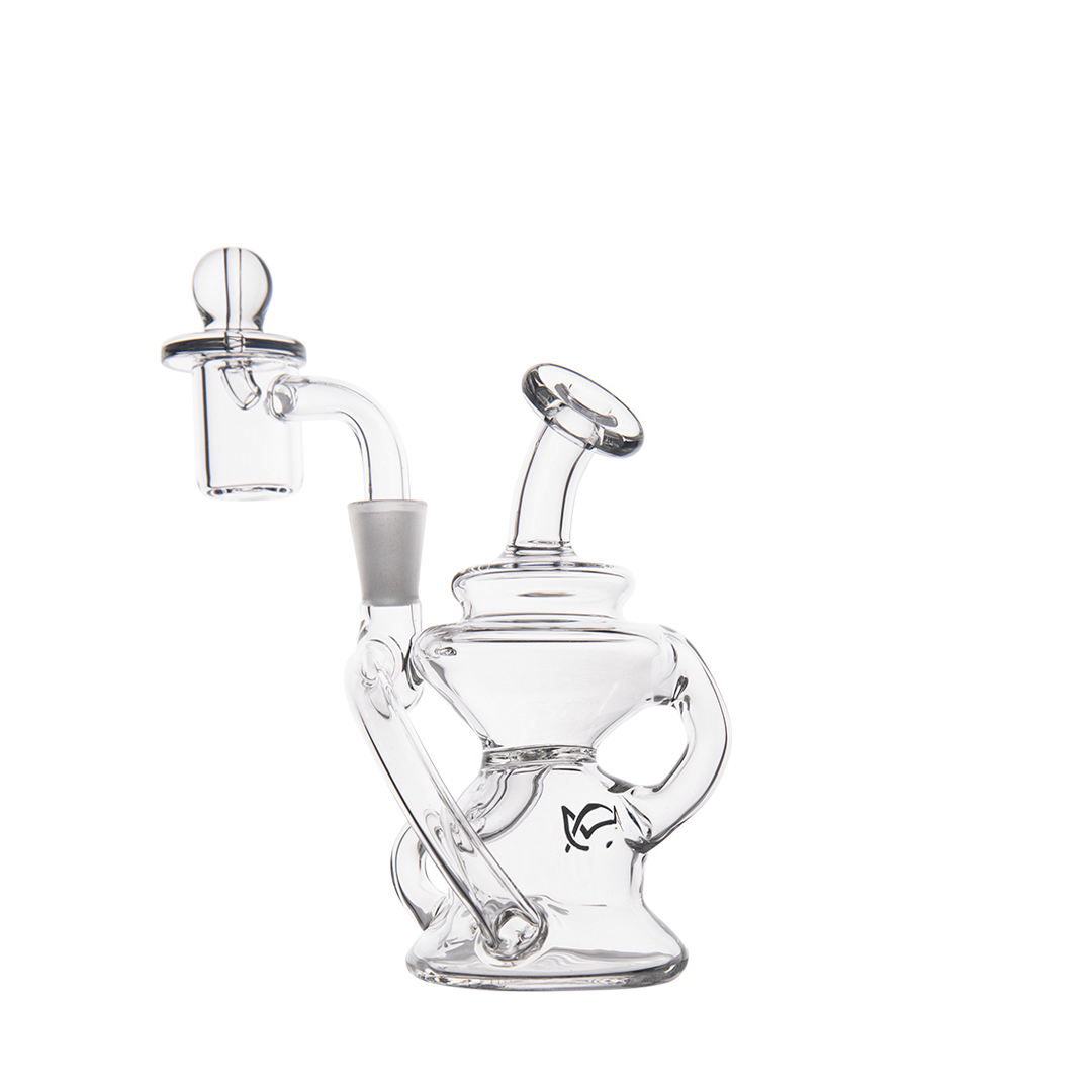 MJ Arsenal Hydra Mini Dab Rig, clear borosilicate glass with a 90-degree banger hanger, front view