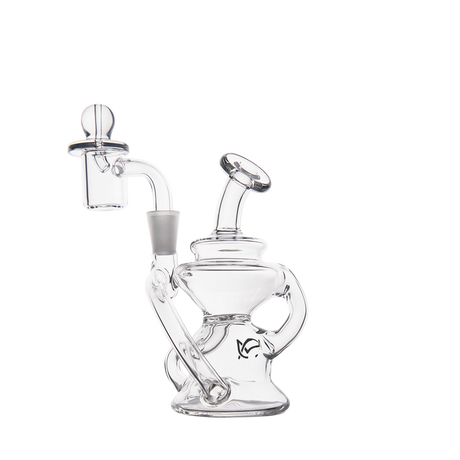 MJ Arsenal Hydra Mini Dab Rig, clear borosilicate glass with a 90-degree banger hanger, front view