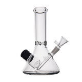 MJ Arsenal Cache Bong in clear borosilicate glass, compact beaker design with 45-degree joint, side view