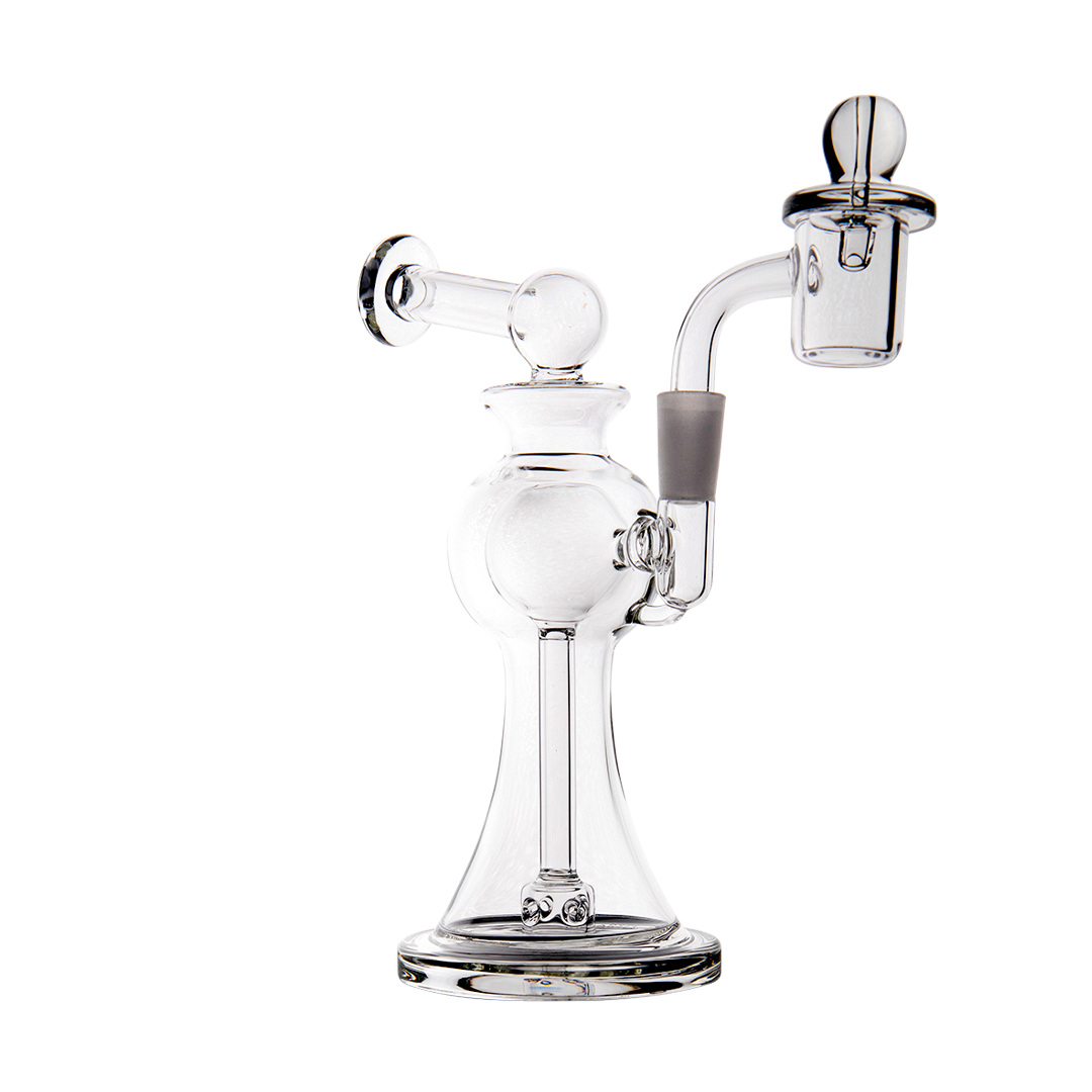 MJ Arsenal Apollo Mini Dab Rig front view, clear borosilicate glass with banger hanger design