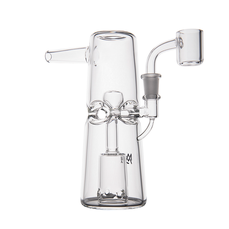MJ Arsenal Turret Mini Dab Rig with Quartz Bucket, Compact Clear Glass, Angled Side View