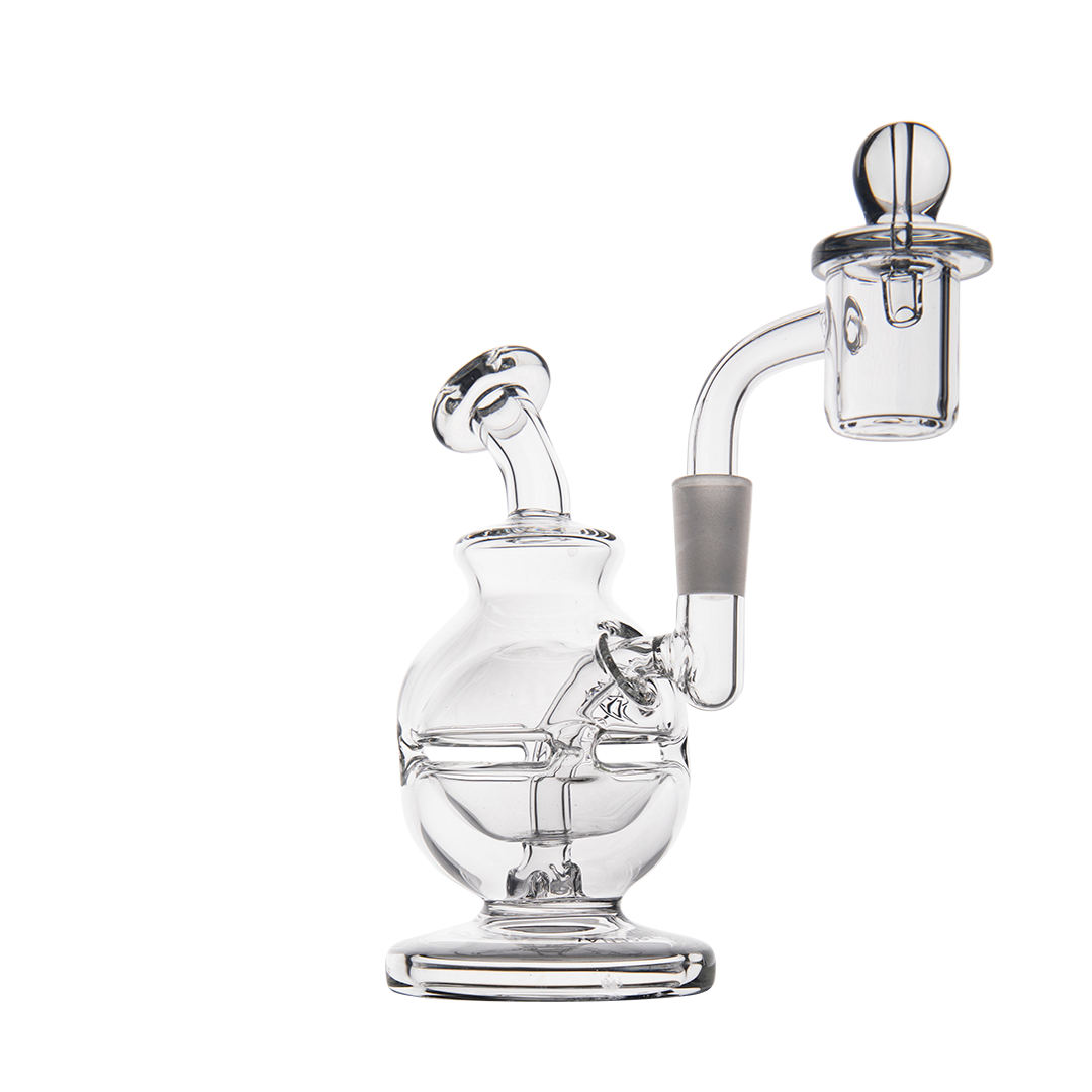 MJ Arsenal Royale Mini Dab Rig clear glass with banger hanger design, 90-degree joint, front view