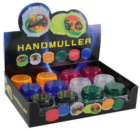 24-Pack assorted colors acrylic 2-piece grinders displayed in open box, portable and compact design