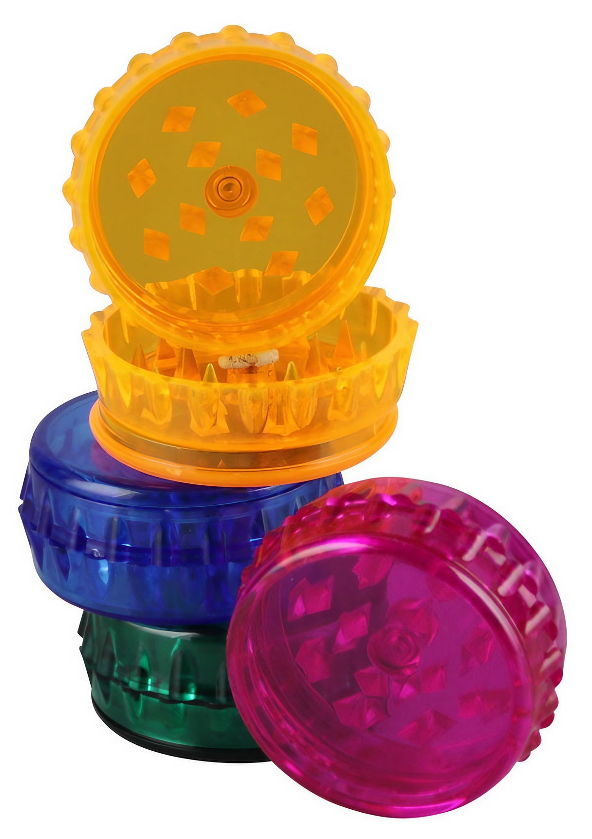 Stack of four 24-Pack Acrylic 2-Piece Grinders in assorted colors, medium size, for dry herbs