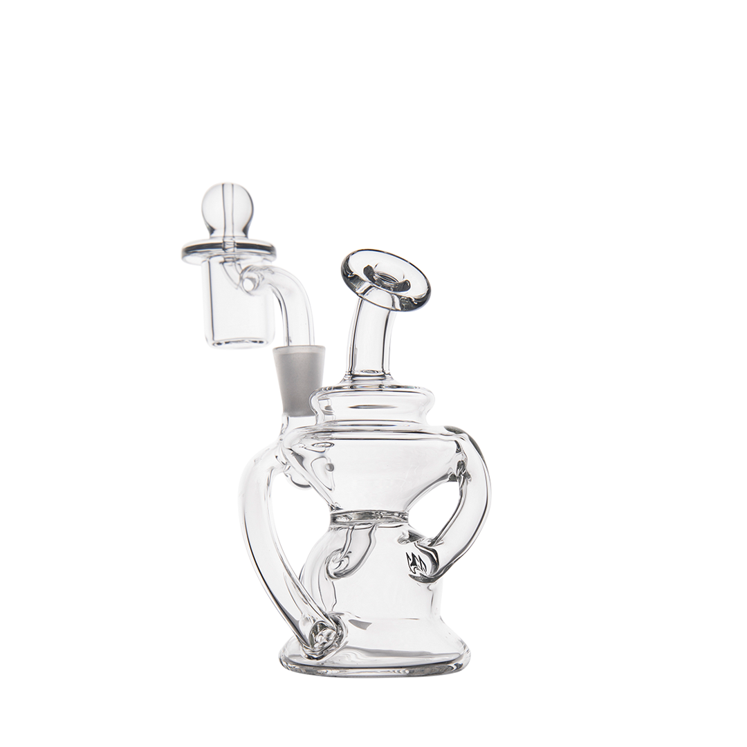 MJ Arsenal Hydra Mini Dab Rig in clear borosilicate glass, 90-degree joint, front view on white background