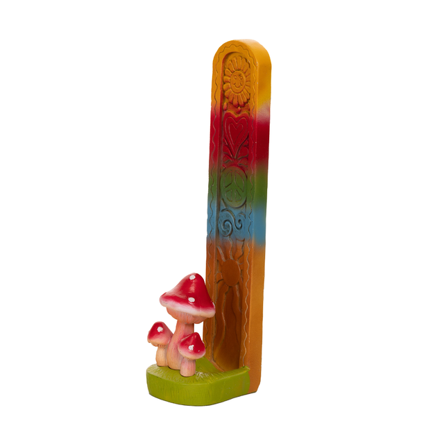 Fantasy Tower Incense Burner with colorful mushroom design, side view on white background