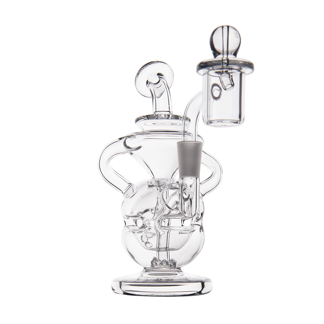 MJ Arsenal Infinity Mini Dab Rig, clear borosilicate glass, compact design with recycler, front view