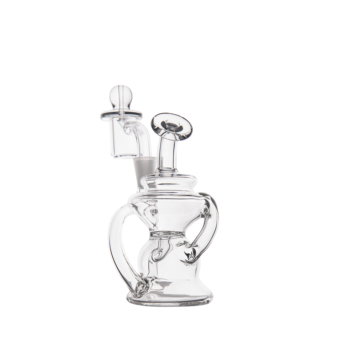 MJ Arsenal Hydra Mini Dab Rig with clear borosilicate glass, 90-degree banger hanger, front view