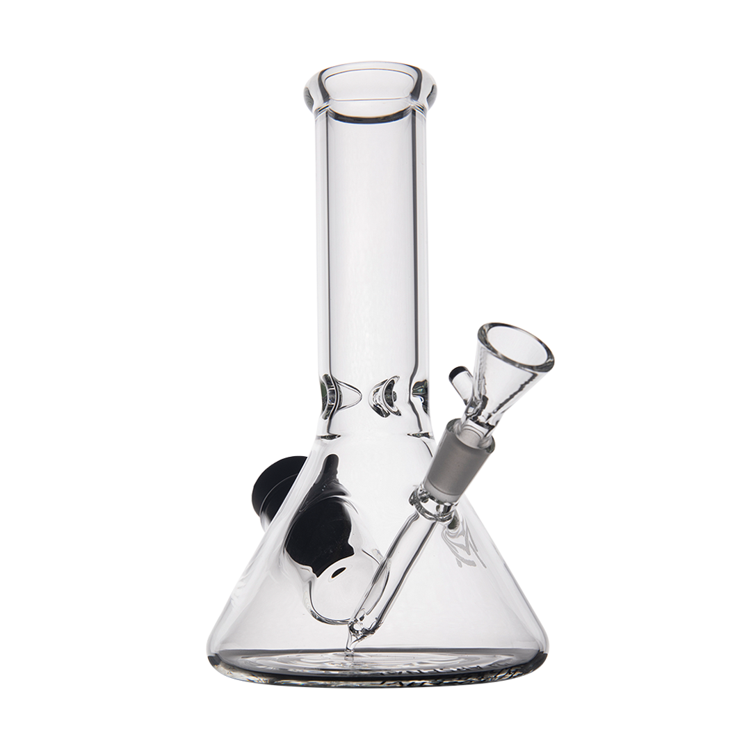 MJ Arsenal Cache Bong clear beaker design with 45-degree joint and deep bowl, compact for easy travel