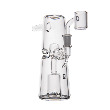MJ Arsenal Turret Mini Dab Rig featuring a quartz bucket, compact design, front view on seamless white background