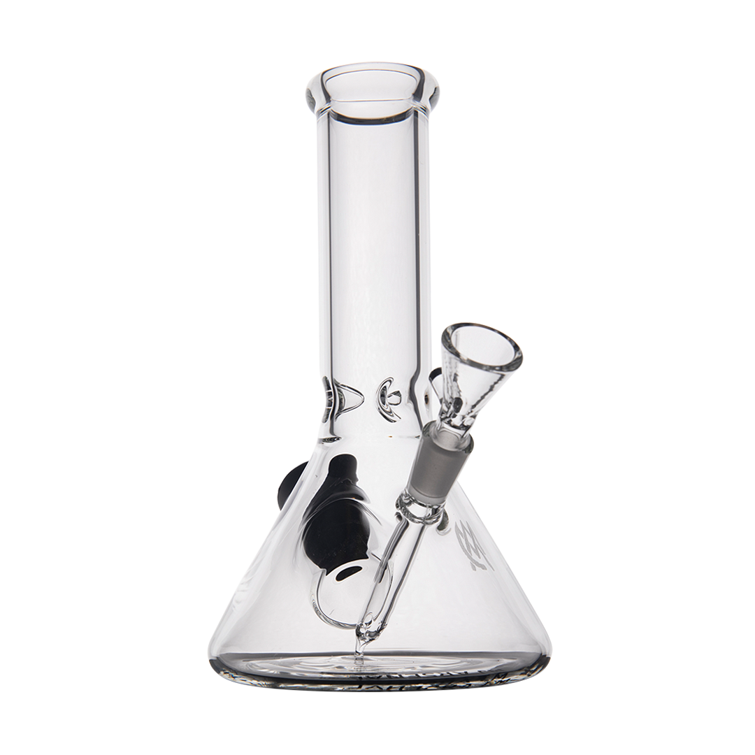 MJ Arsenal Cache Bong in clear borosilicate glass, compact beaker design, 45-degree joint