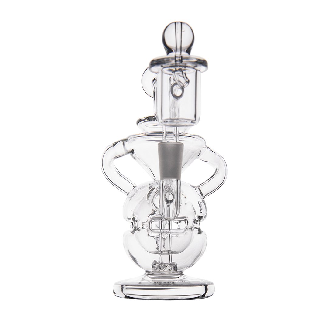 MJ Arsenal Infinity Mini Dab Rig with banger hanger design, clear borosilicate glass, front view on white background