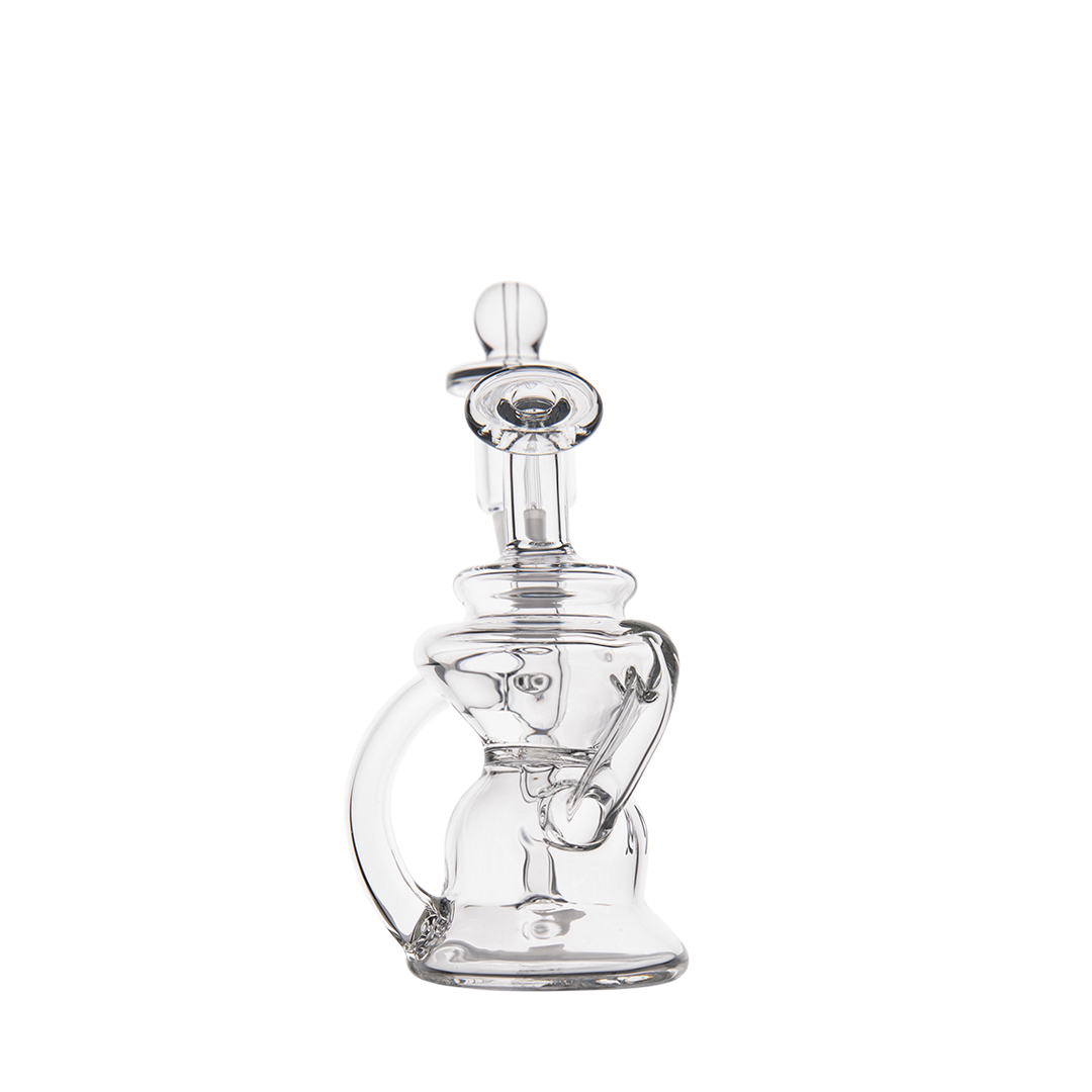 MJ Arsenal Hydra Mini Dab Rig, Compact Klein Recycler with Triple-Hole Perc, 90 Degree Joint, Front View