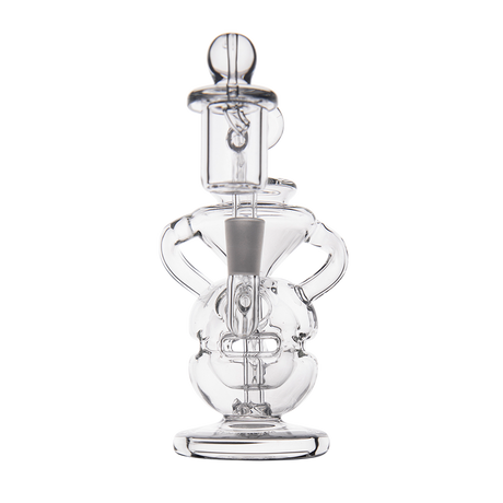 MJ Arsenal Infinity Mini Dab Rig, clear borosilicate glass, 90-degree banger hanger design, front view