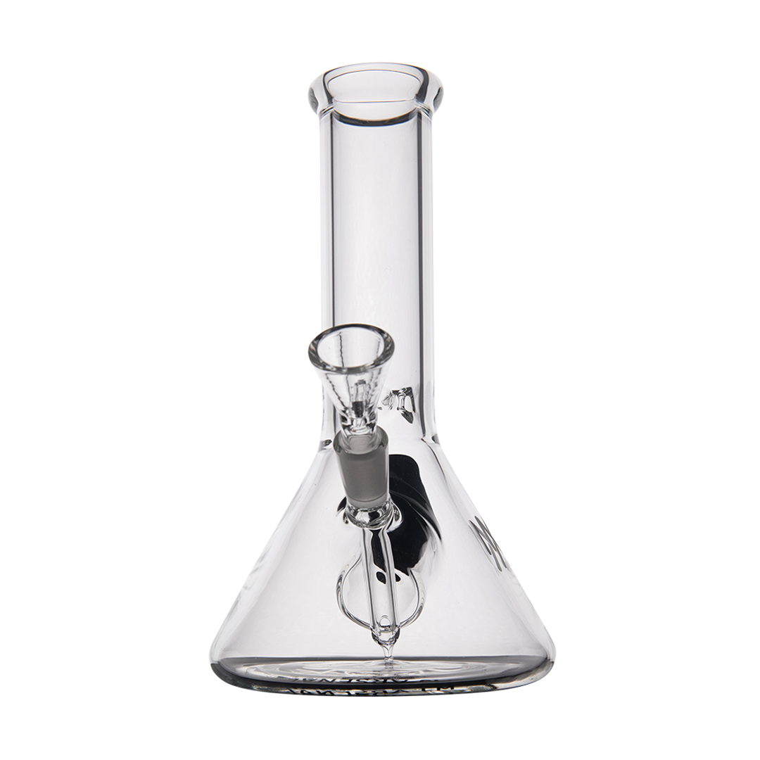 MJ Arsenal Cache Bong front view, clear borosilicate glass, compact beaker design with 45-degree joint