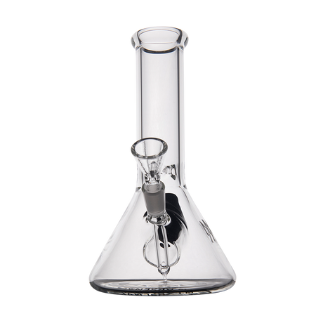 MJ Arsenal Cache Bong front view, clear borosilicate glass, compact beaker design with 45-degree joint