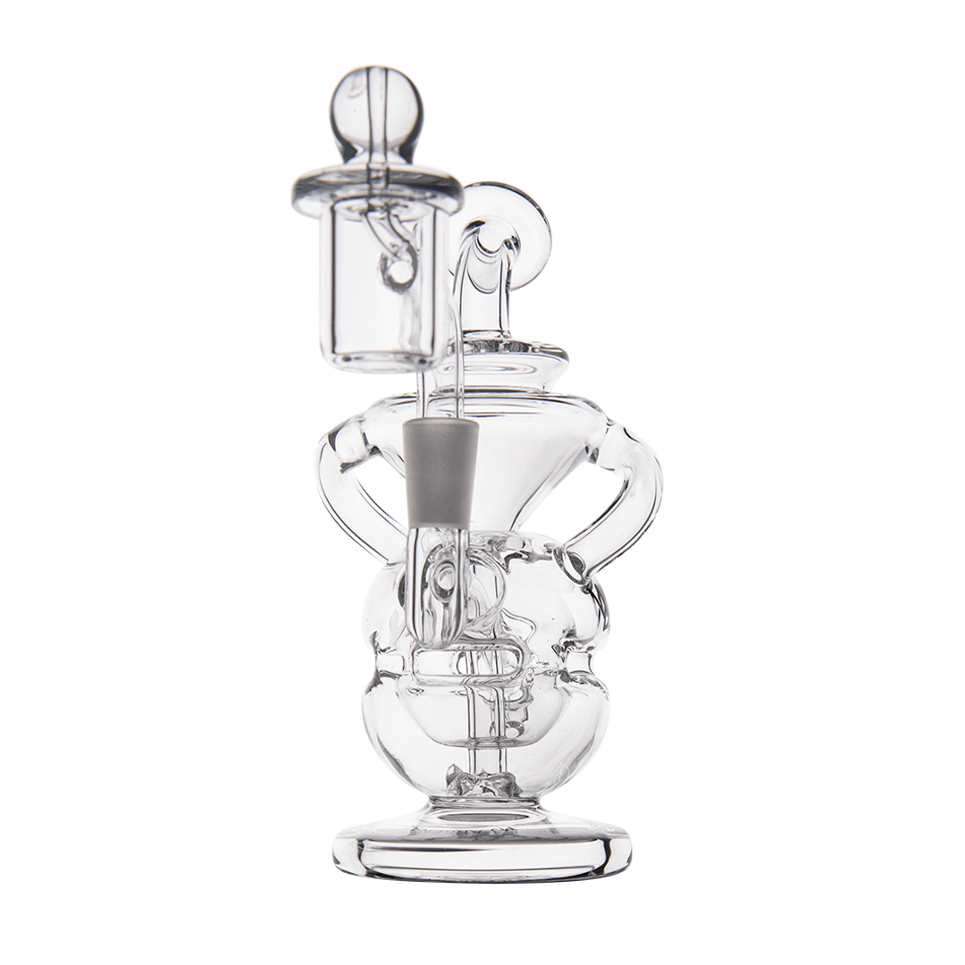MJ Arsenal Infinity Mini Dab Rig front view, clear borosilicate glass with compact recycler design
