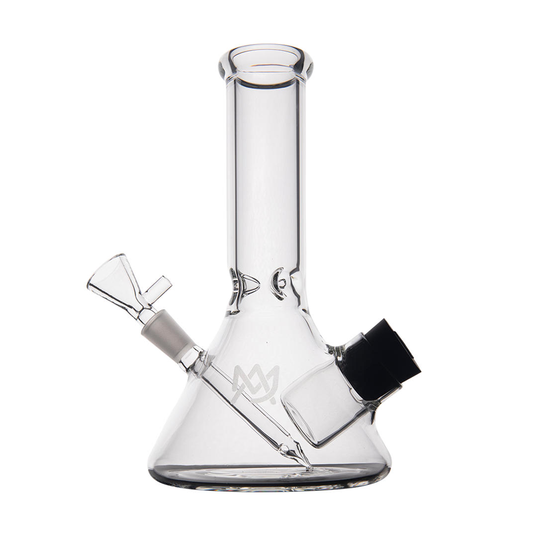 MJ Arsenal Cache Bong in clear borosilicate glass with gold accents, 45-degree joint, front view