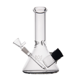 MJ Arsenal Cache Bong in clear borosilicate glass with gold accents, 45-degree joint, front view