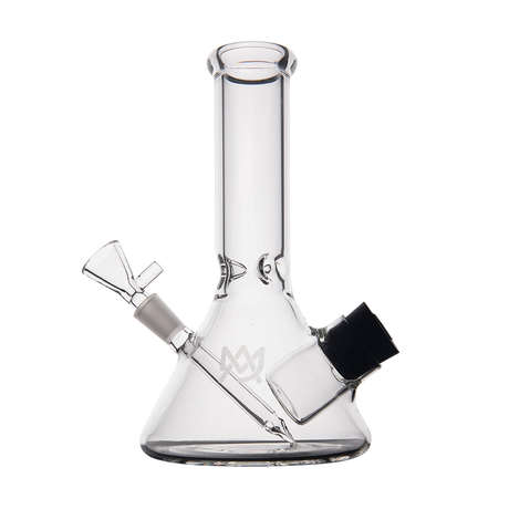MJ Arsenal Cache Bong in clear borosilicate glass with gold accents, 45-degree joint, front view