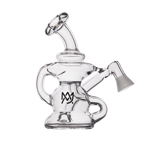 MJ Arsenal Hydra Vape Edition mini dab rig, clear glass with MJ logo, side view on white background