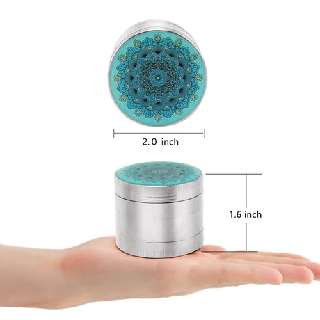 PILOT DIARY Mandala Grinder Silver in hand, top view and side view with dimensions