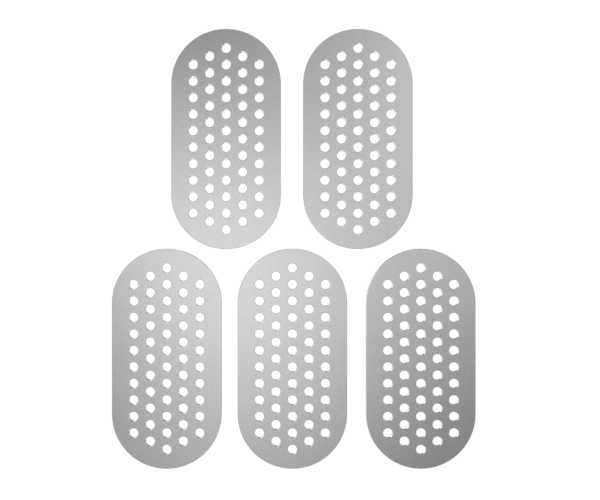 G Pen Dash+ Mouthpiece Filter Screens 5-Pack, stainless steel, top view on green background