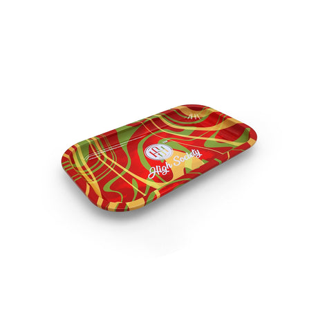 High Society Medium Rolling Tray with Rasta colors and logo, angled view on white background