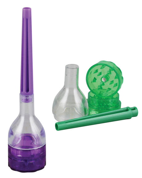 3-in-1 medium plastic grinder, cone roller, and filler for dry herbs, displayed with parts separated