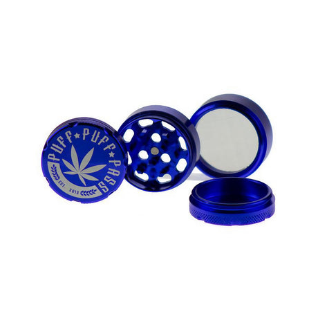 Puff Puff Pass 3-Part 40mm Aluminum Grinder in Blue, Opened to Show Compartments