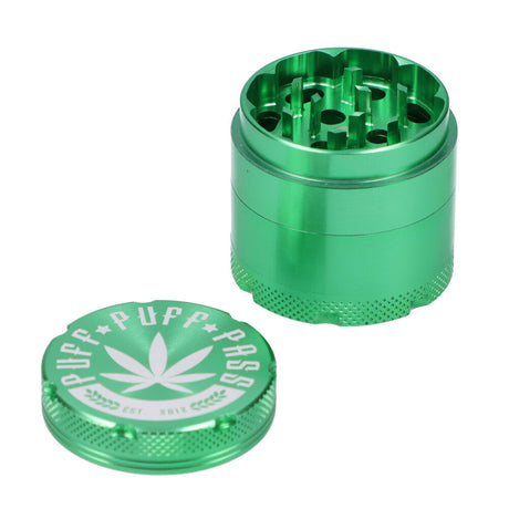 Puff Puff Pass 3 Stage 40mm Aluminum Grinder in Green with Open Lid
