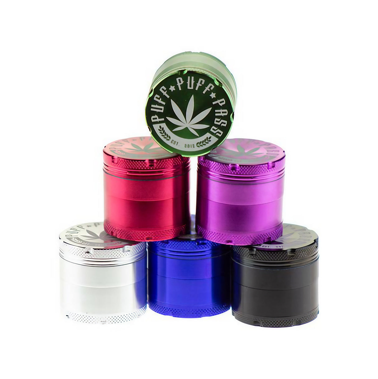 Puff Puff Pass 3-Part Aluminum Grinders in assorted colors, compact 40mm size, front view