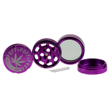 Puff Puff Pass 3-Part 40mm Purple Aluminum Grinder for Dry Herbs, Disassembled View