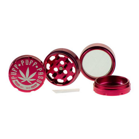 Puff Puff Pass 3-Part 40mm Aluminum Grinder in Red, Disassembled View Showing All Components