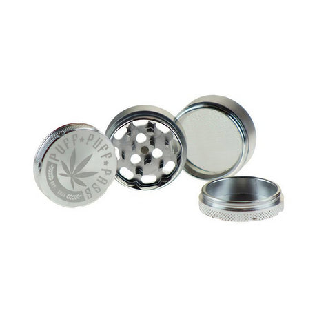 Puff Puff Pass 3-Part 40mm Aluminum Grinder for Dry Herbs, Disassembled View, Silver