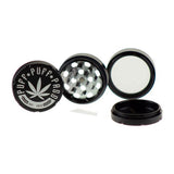 Puff Puff Pass 3 Stage 50mm Aluminum Grinder in Black, disassembled view showing all parts