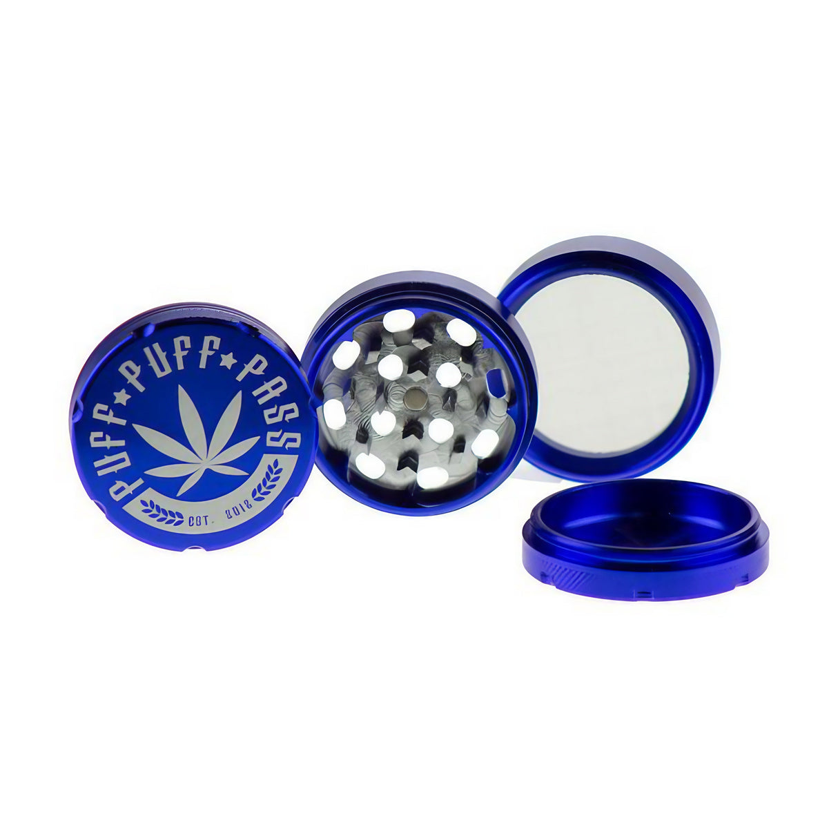 Puff Puff Pass 3 Stage 50mm Aluminum Grinder in Dark Blue, disassembled view showing all parts