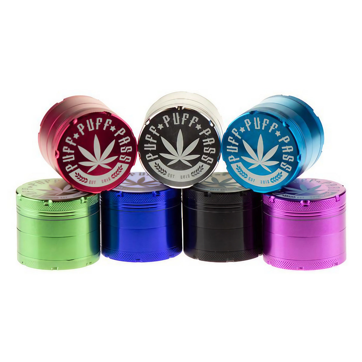 Assortment of Puff Puff Pass 50mm Aluminum Grinders in various colors displayed side by side