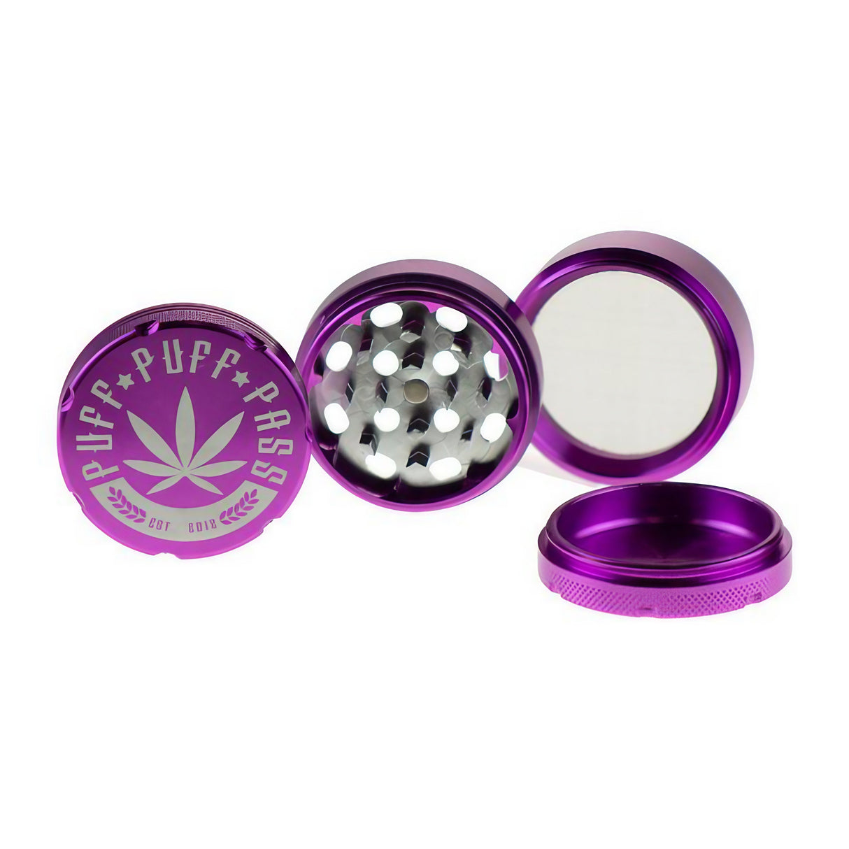 Puff Puff Pass 3-Stage 50mm Aluminum Grinder in Purple, Disassembled View