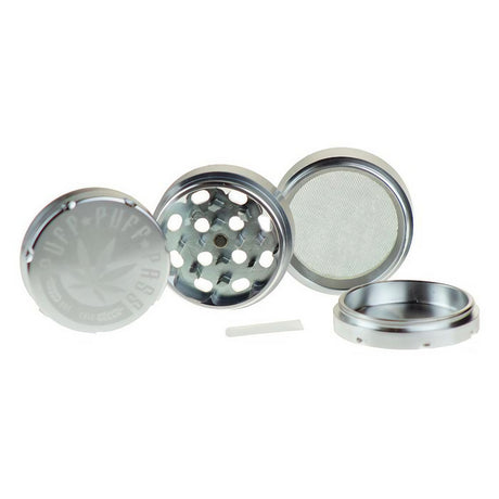 Puff Puff Pass 3 Stage 50mm Aluminum Grinder in Silver, Disassembled View