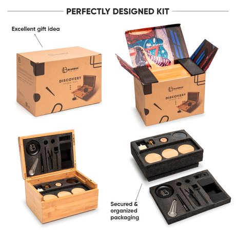 DISCOVERY Storage Stash Box by Blue Bus with accessories displayed, ideal for dry herb organization