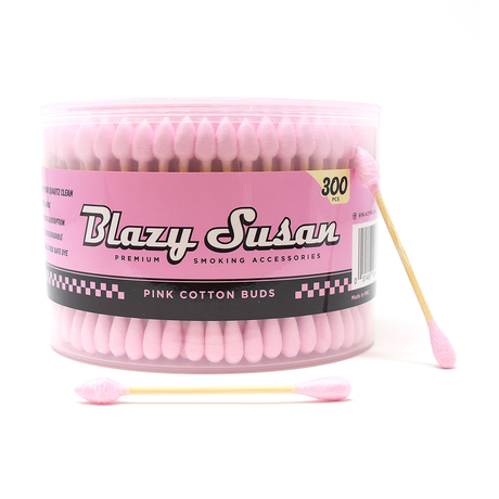 Blazy Susan Pink Triple Wrapped Bamboo Cotton Buds 300ct in clear container, front view