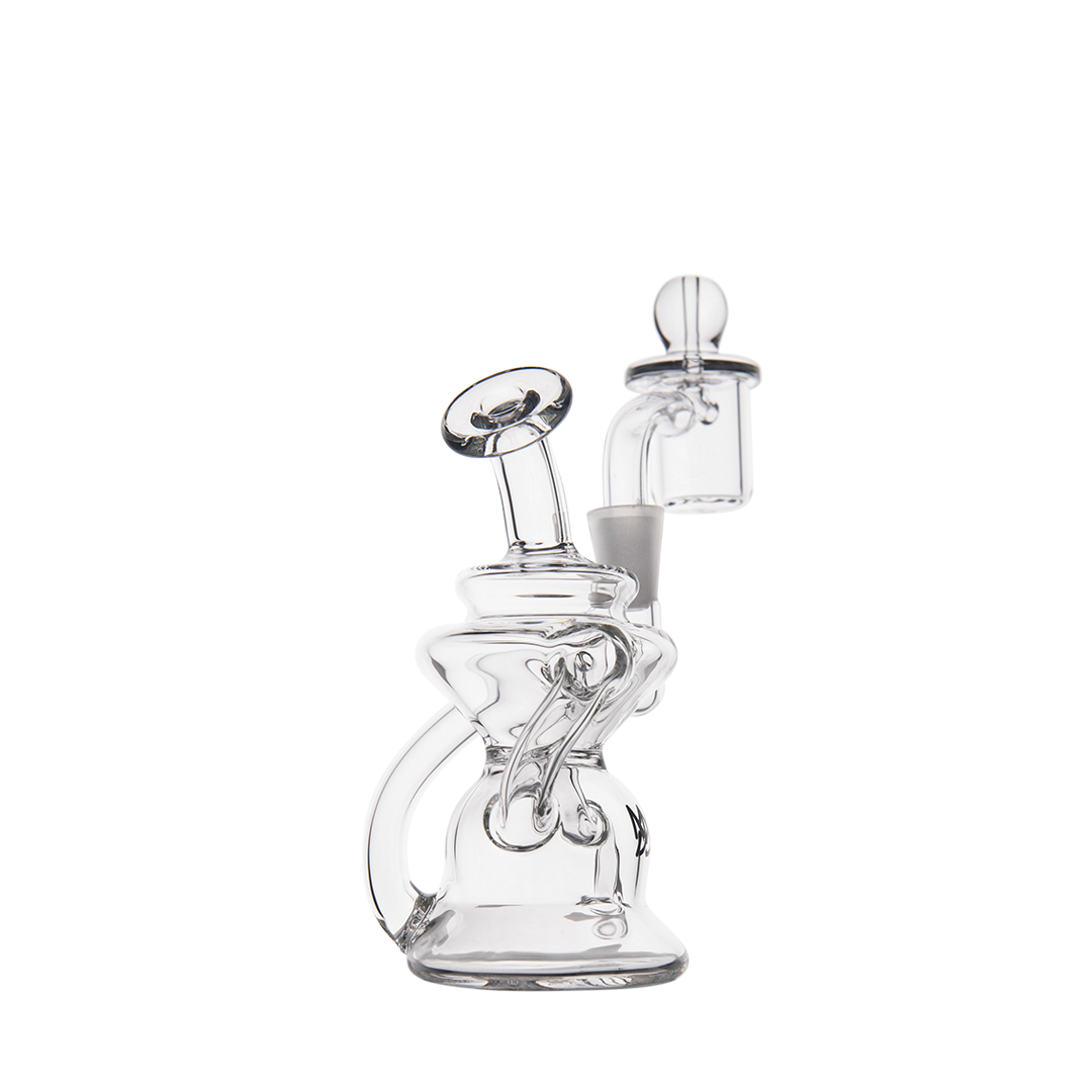 MJ Arsenal Hydra Mini Dab Rig with clear borosilicate glass, 90-degree banger hanger design, front view