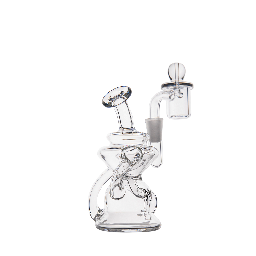 MJ Arsenal Hydra Mini Dab Rig in clear borosilicate glass with banger hanger design, 90-degree joint, front view.