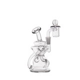 MJ Arsenal Hydra Mini Dab Rig in clear borosilicate glass with banger hanger design, 90-degree joint, front view.