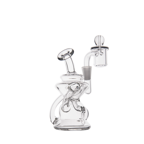 MJ Arsenal Hydra Mini Dab Rig in clear borosilicate glass with banger hanger design, 90-degree joint, front view.