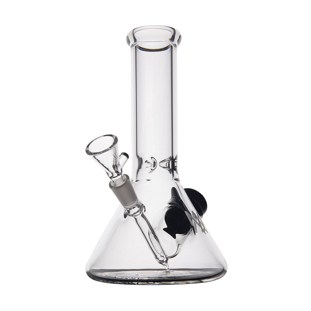 MJ Arsenal Cache Bong in clear borosilicate glass, compact beaker design, 45-degree joint, front view